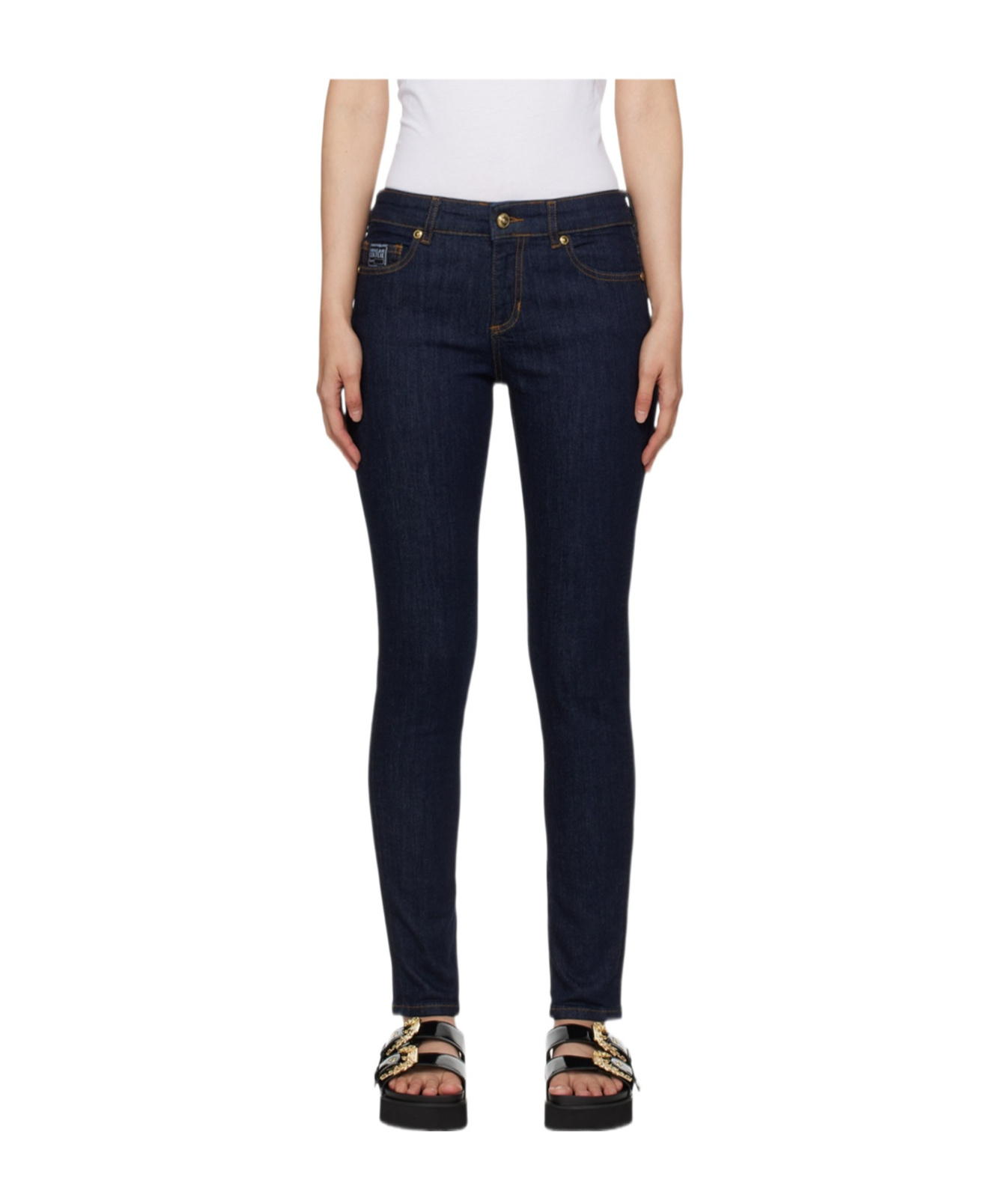 Shop Versace Jeans Stretch Denim Trousers In Black