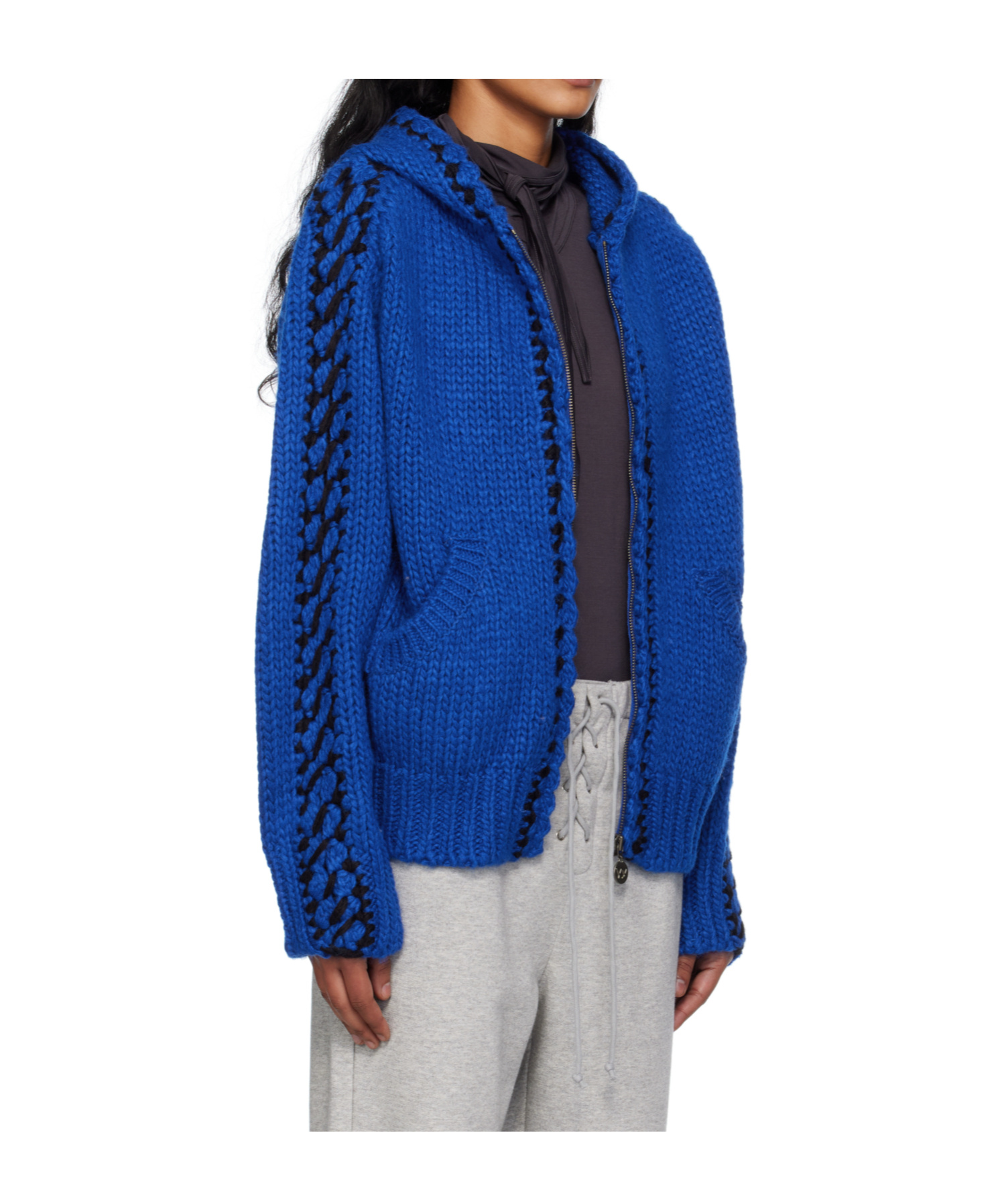Open Yy Stitch Zip-up Knit Hoodie In Blue
