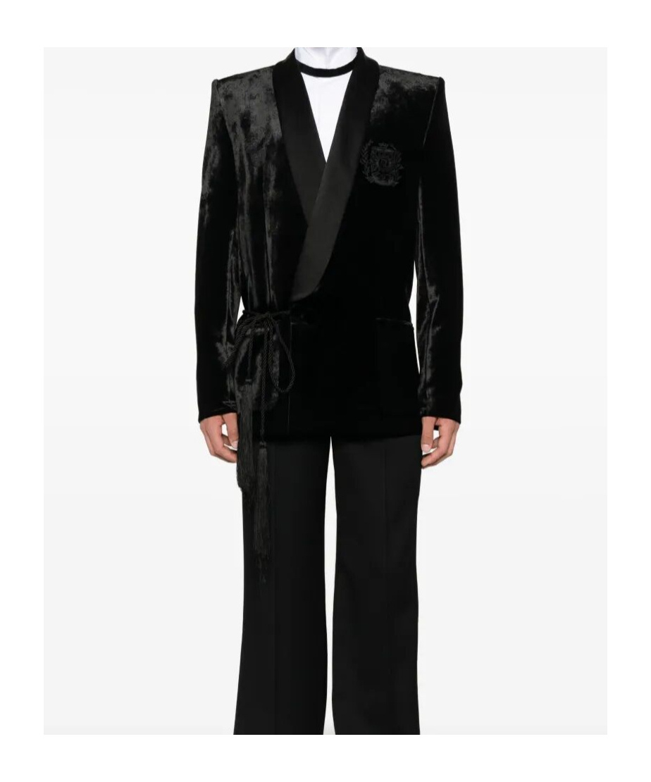 Balmain Velvet And Satin Belted Jacket With Tassel In Black
