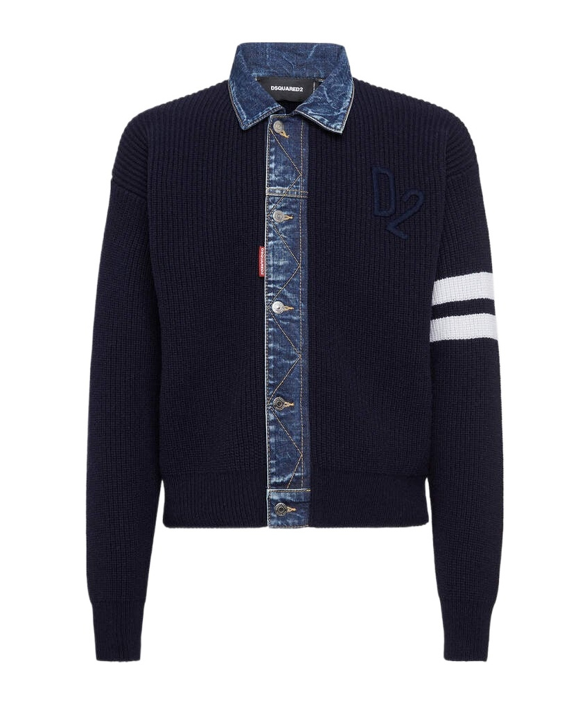 Dsquared2 Blue Cardigan With Denim Panels And Striped Details On The Sleeve In Wool And Cashmere Man In Blue