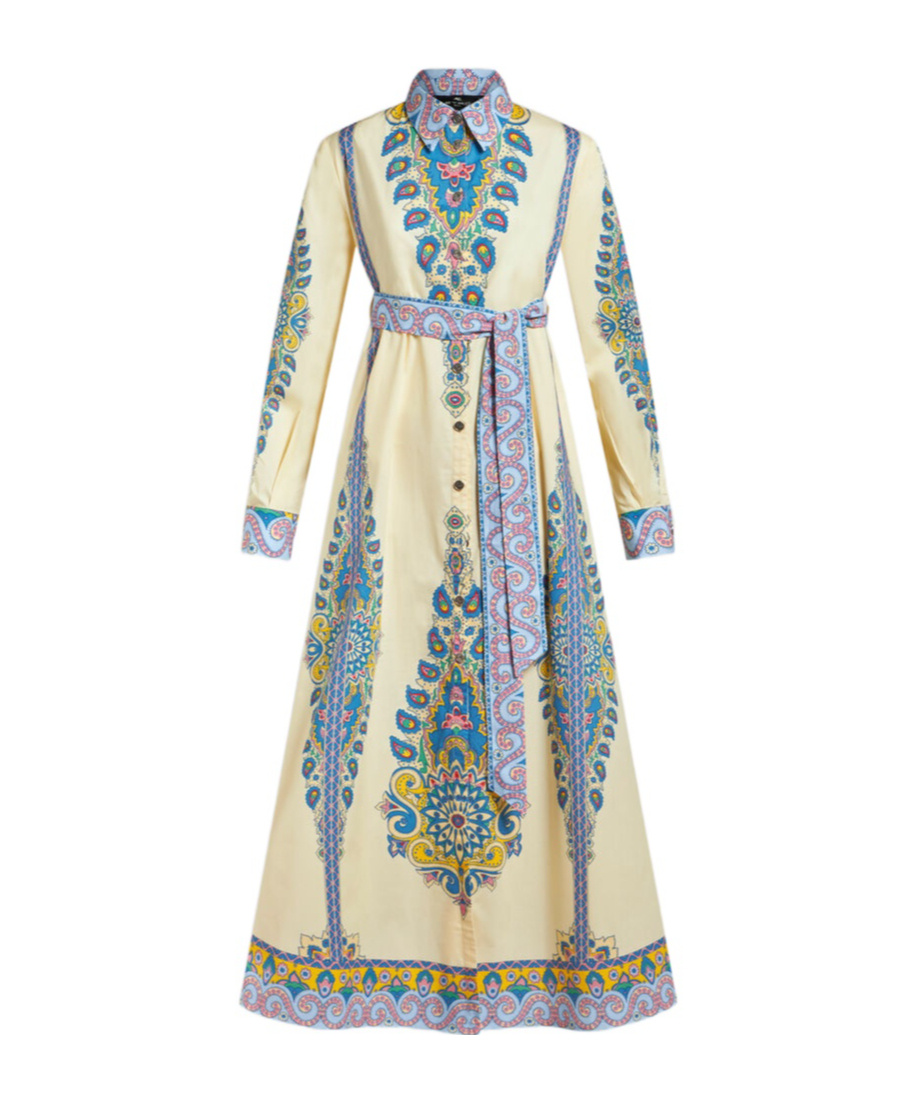 Etro Cotton Poplin Maxi Dress With Paisley Medallion And Contrasting Belt In Blue