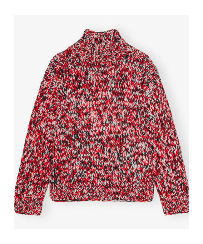 Shop Ganni Red Handknit High Neck Jumper In Multicolor
