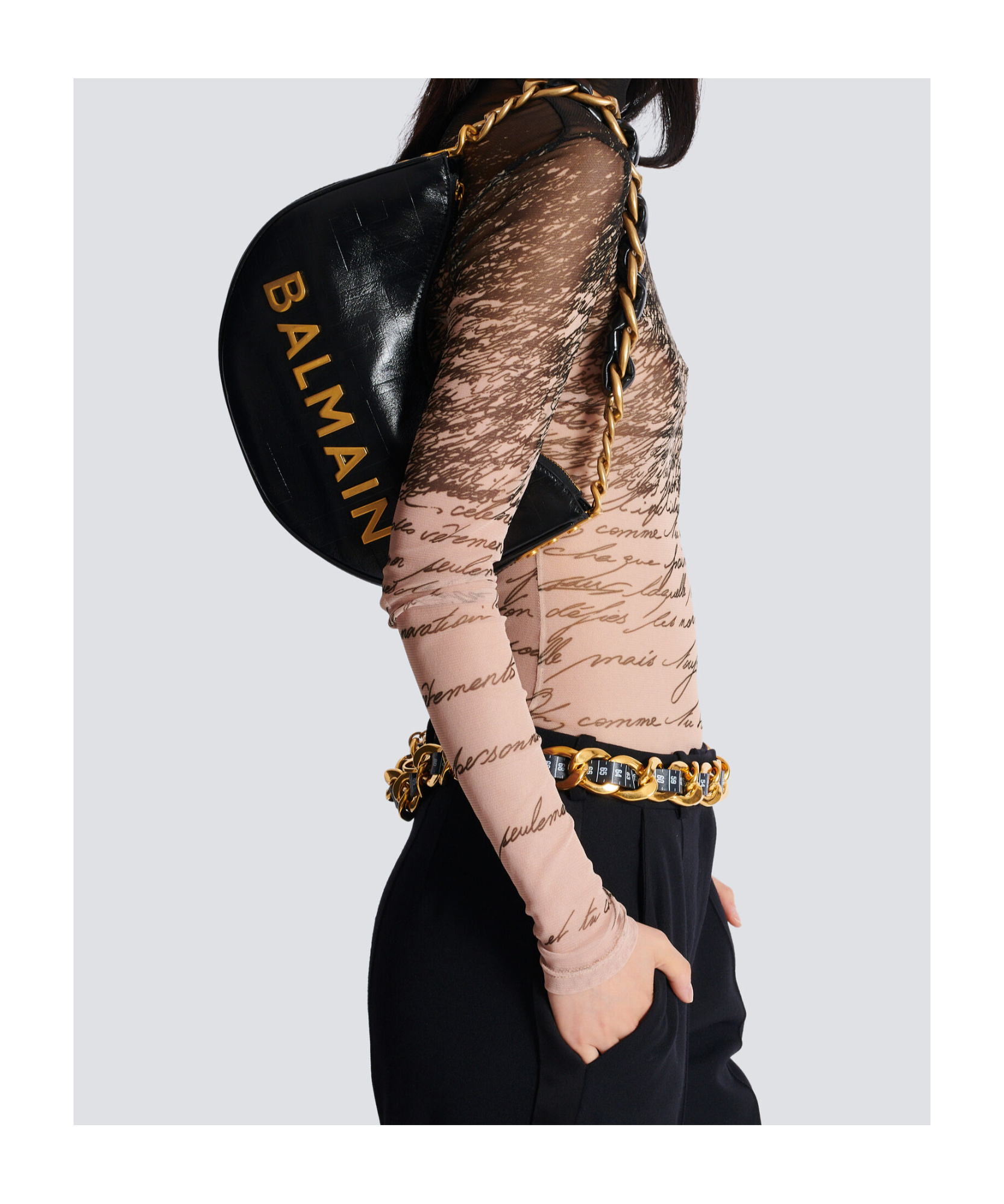 Balmain 1945 Soft Moon Bag In Monogrammed Calfskin In Black