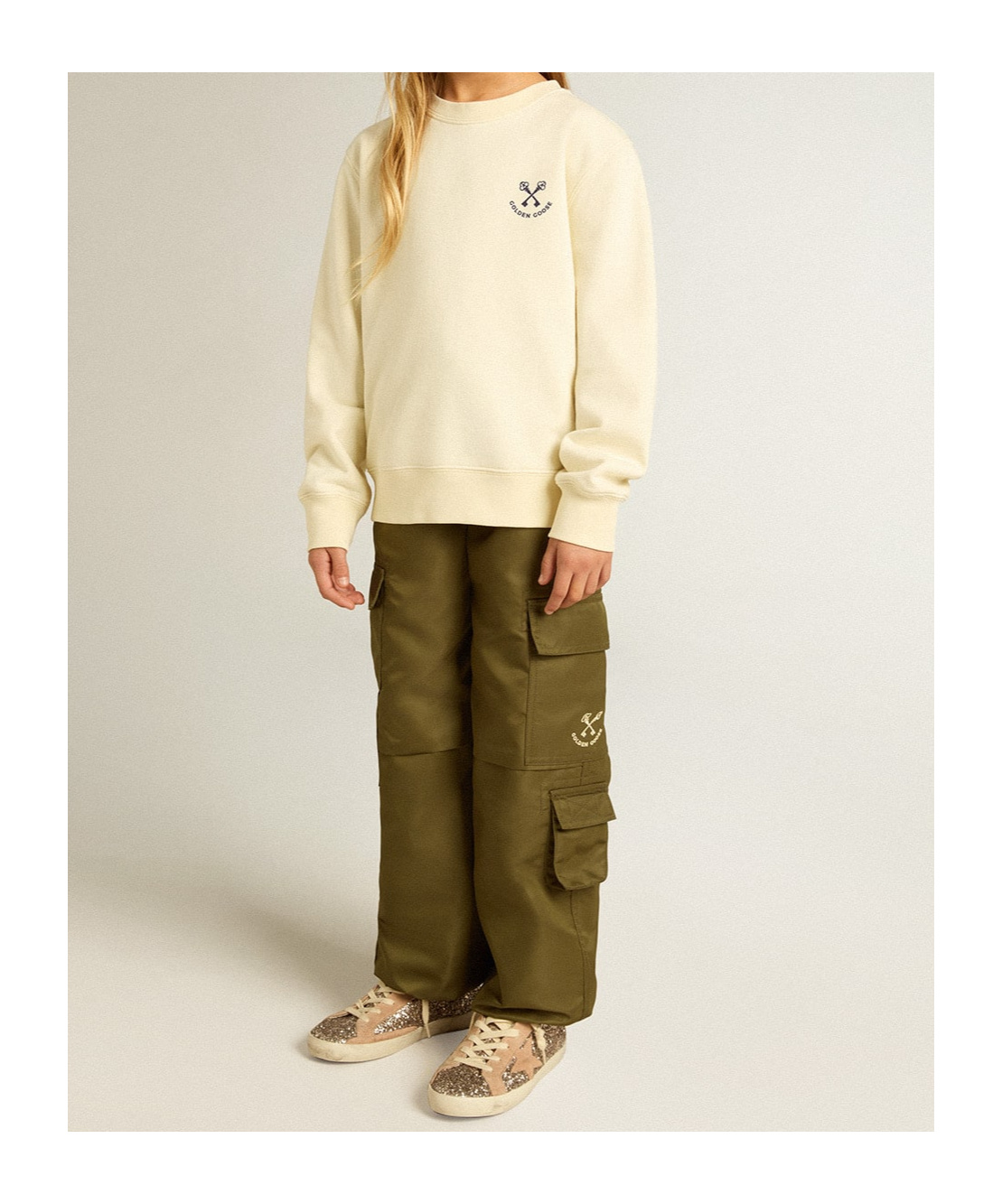 GOLDEN GOOSE GIRLS' T-SHIRT IN WORN WHITE WITH EMBROIDERY ON THE FRONT AND PRINT ON THE BACK