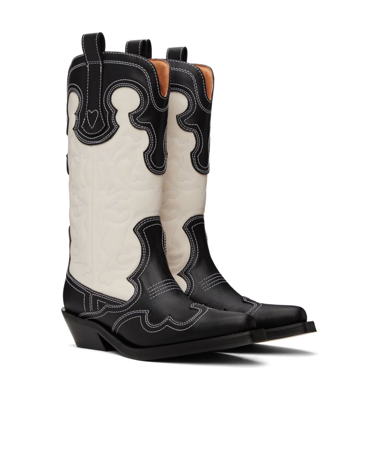 Ganni Mid Shaft Embroidered Western Boots Bicolor Black/egret In Black