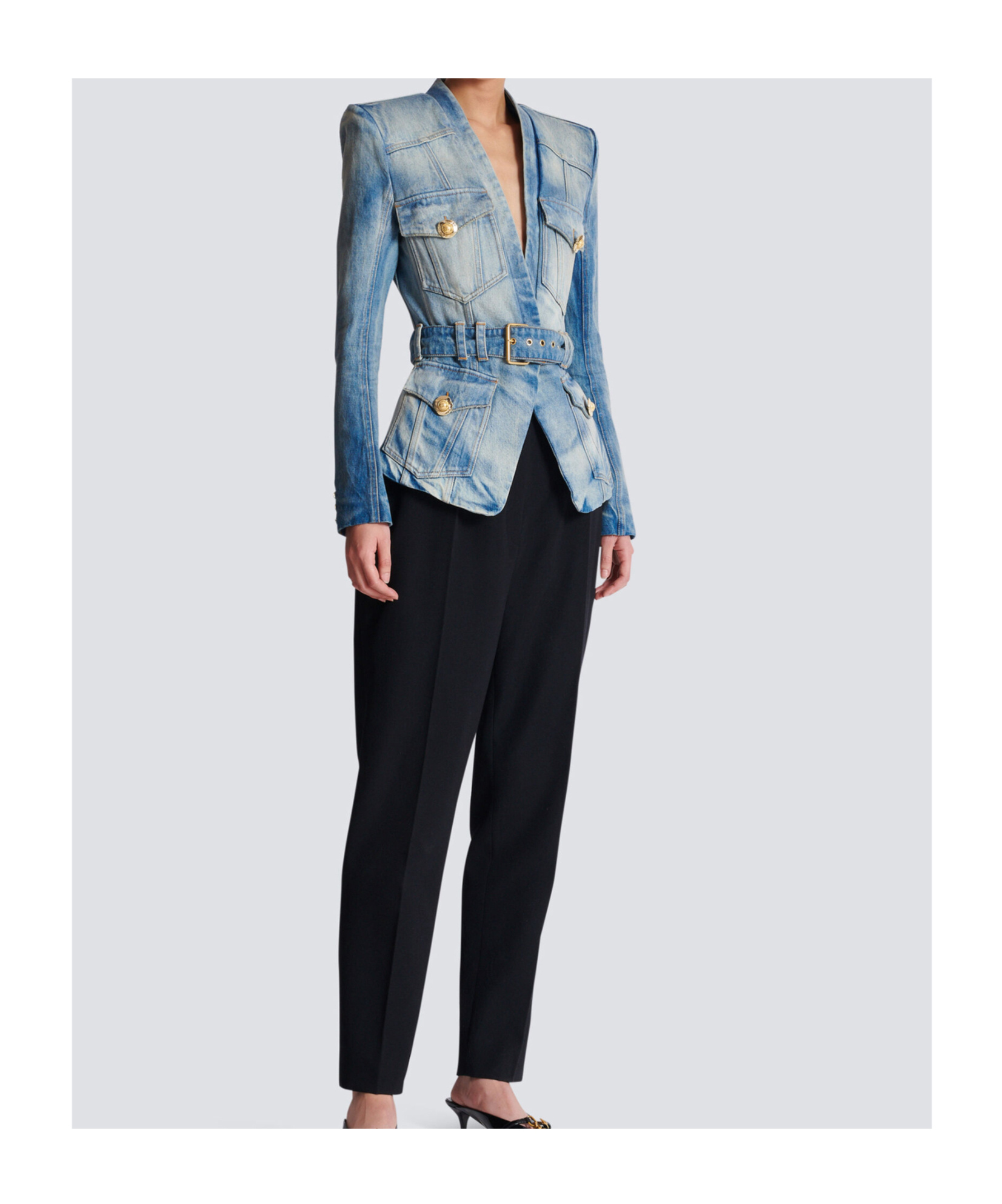 Balmain 1-button Belted Denim Jacket In Blue