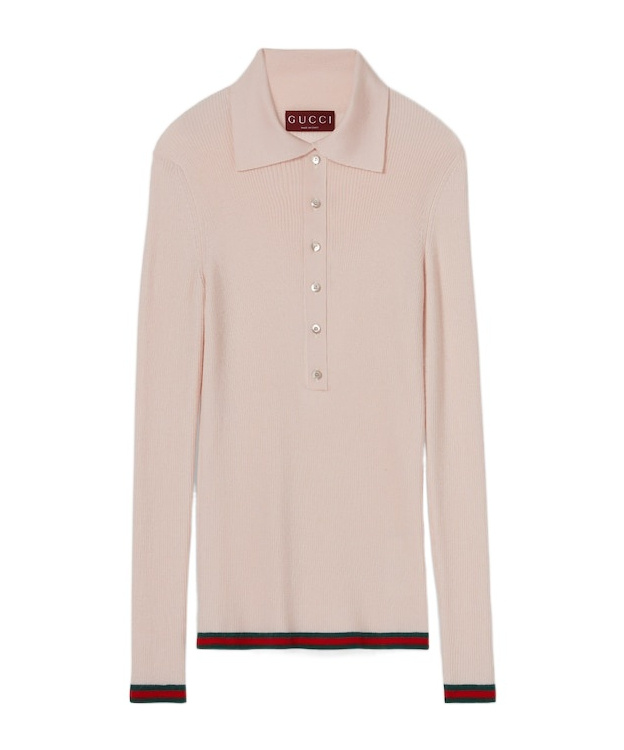 Gucci Cashmere And Silk Polo Top With Web In Nude