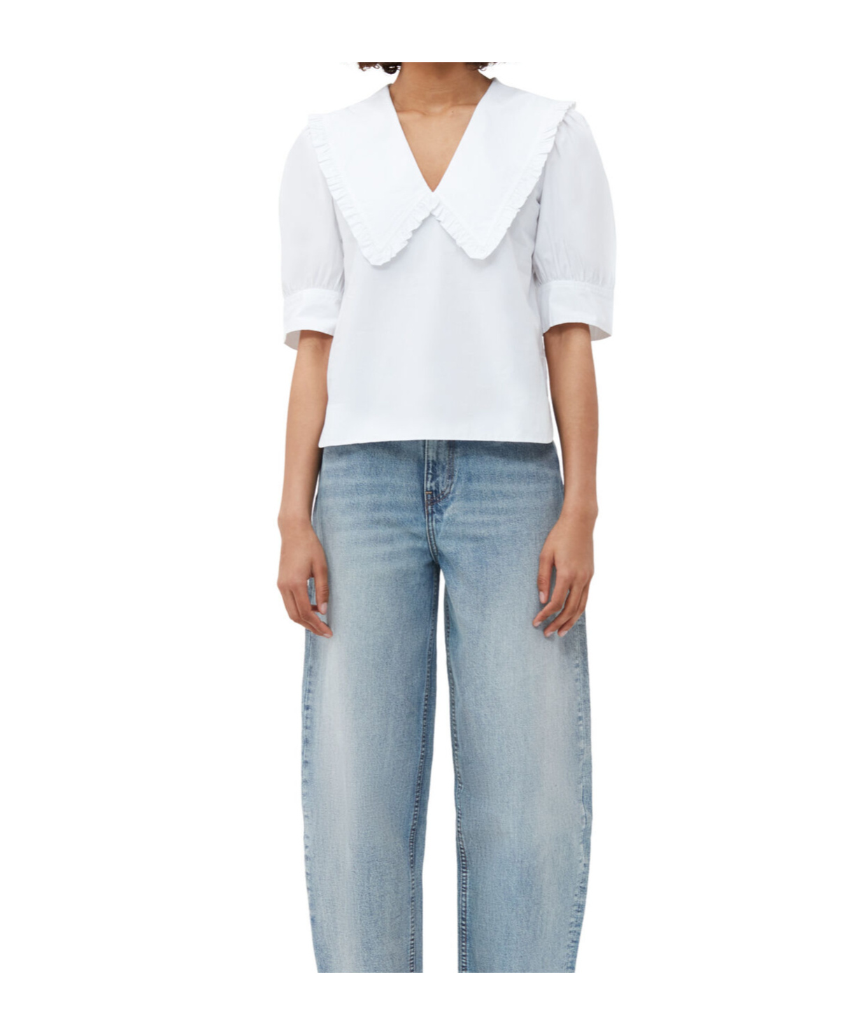 Ganni Ruffled-trim Cotton Blouse In White