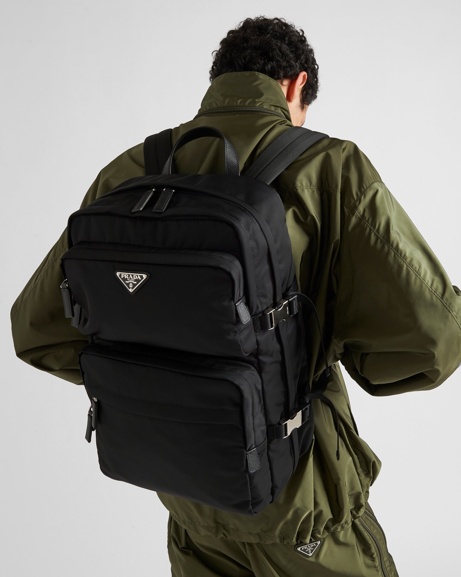 Prada Nylon Backpack With Top Handle And Front Zip In Black