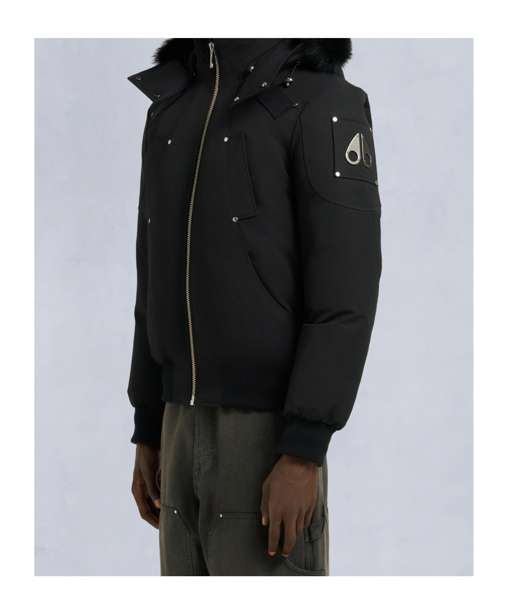 Moose Knuckles Shearling Trim Down Bomber Jacket In Black