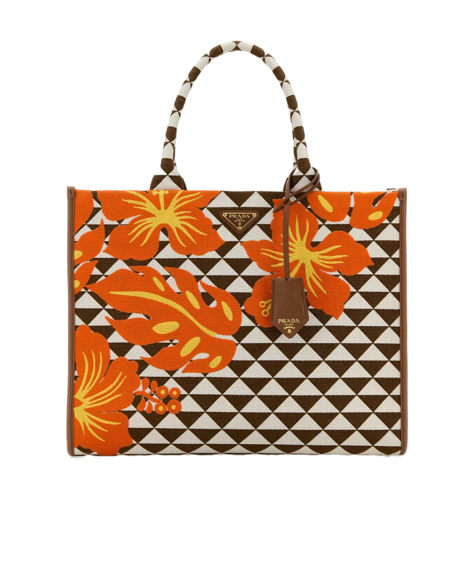 Prada Large Embroidered Fabric Shopping Bag In Tobacco Color / Powder Fog White