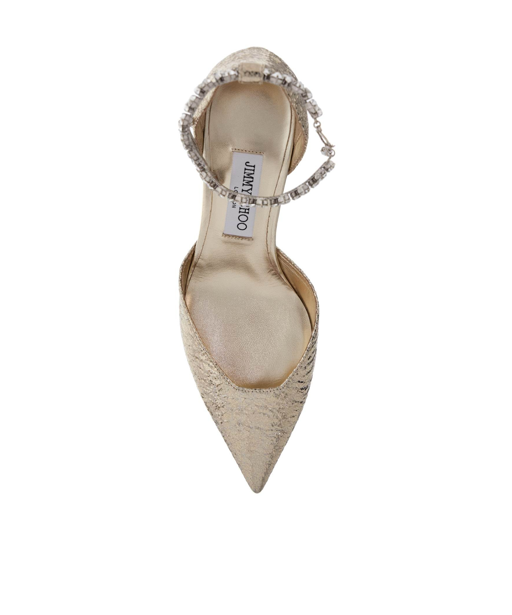 Jimmy Choo Metallic Crinkled Leather Pointed Toe Pumps With Crystal Ankle Strap In Nude