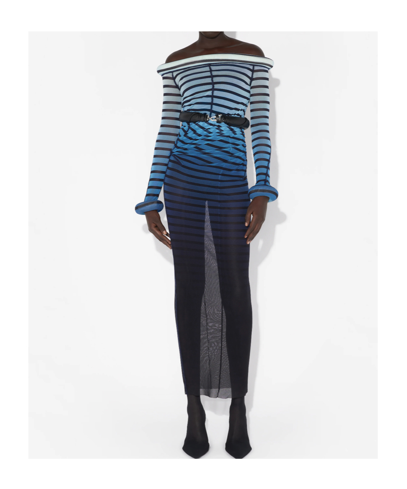 Jean Paul Gaultier Elegant Mesh Boat Neck Long Dress With 3d Collar And Cuff In Blue