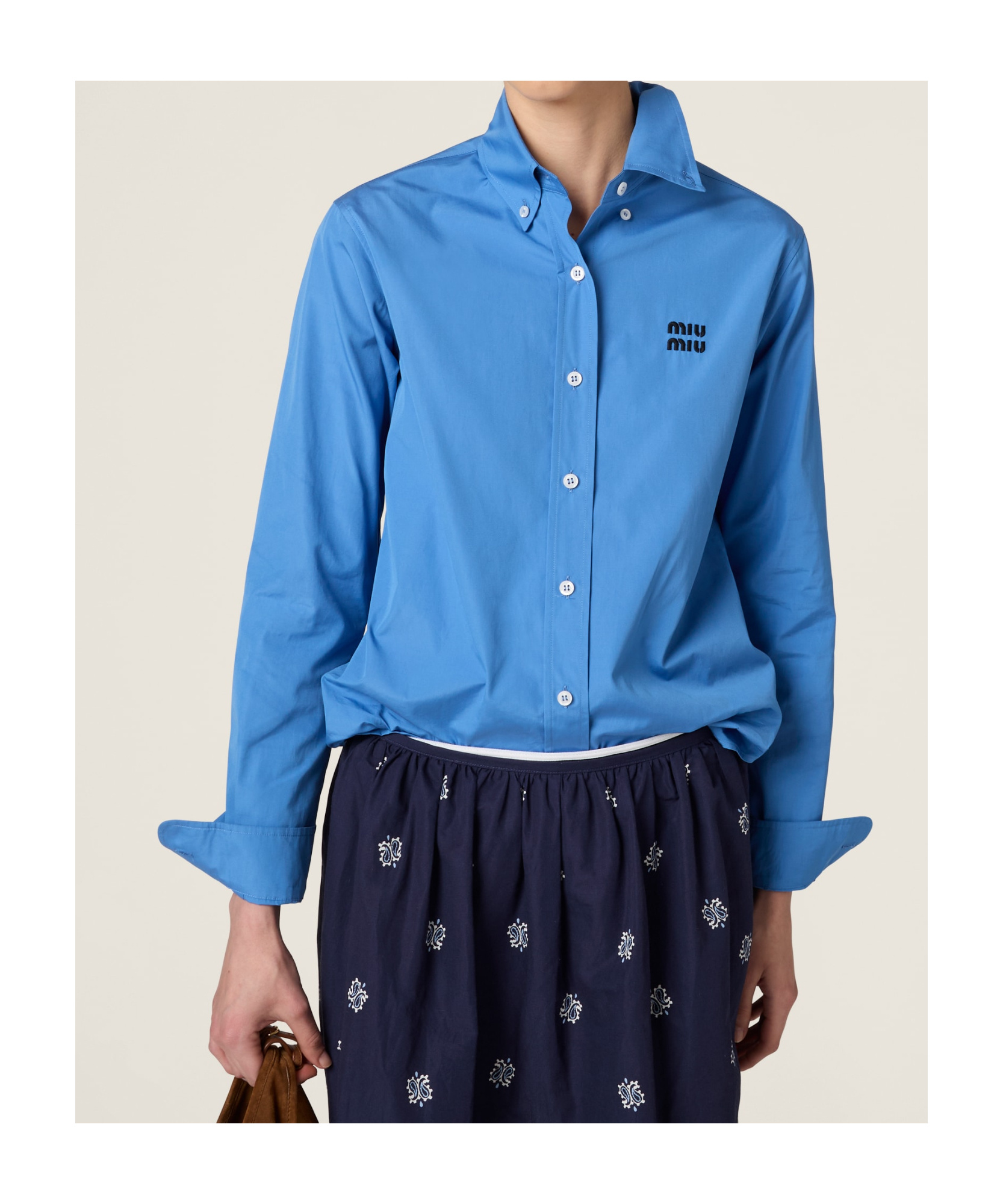 Miu Miu Cotton Popeline Shirt With Logo Embroidery In Blue