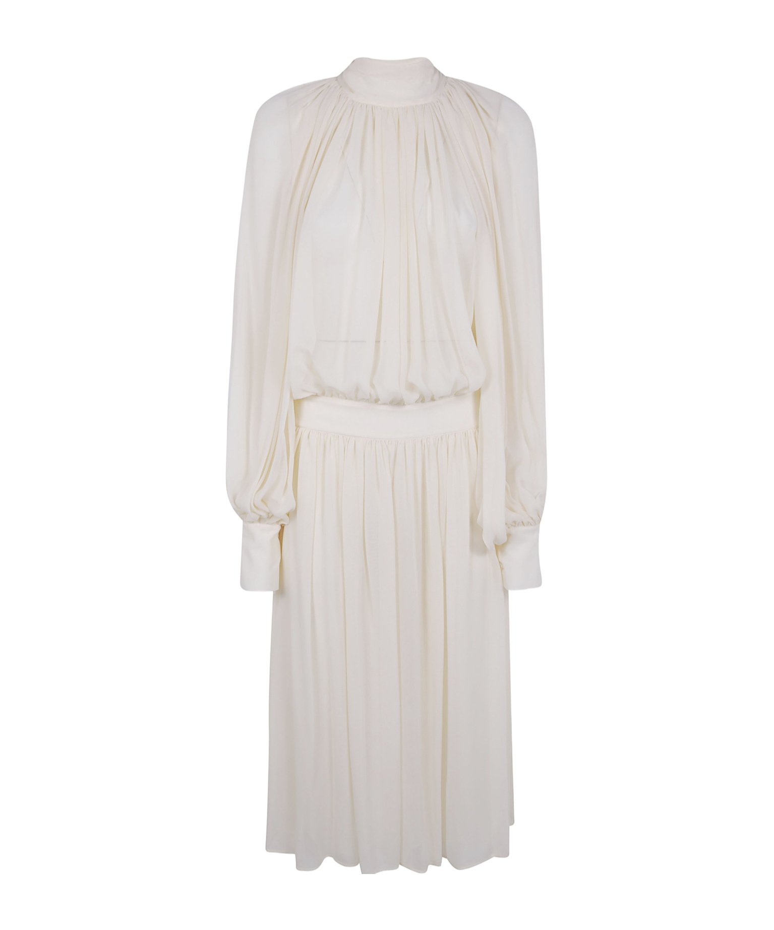 Semicouture Pleated Long Sleeve Dress With Bow Detail In White