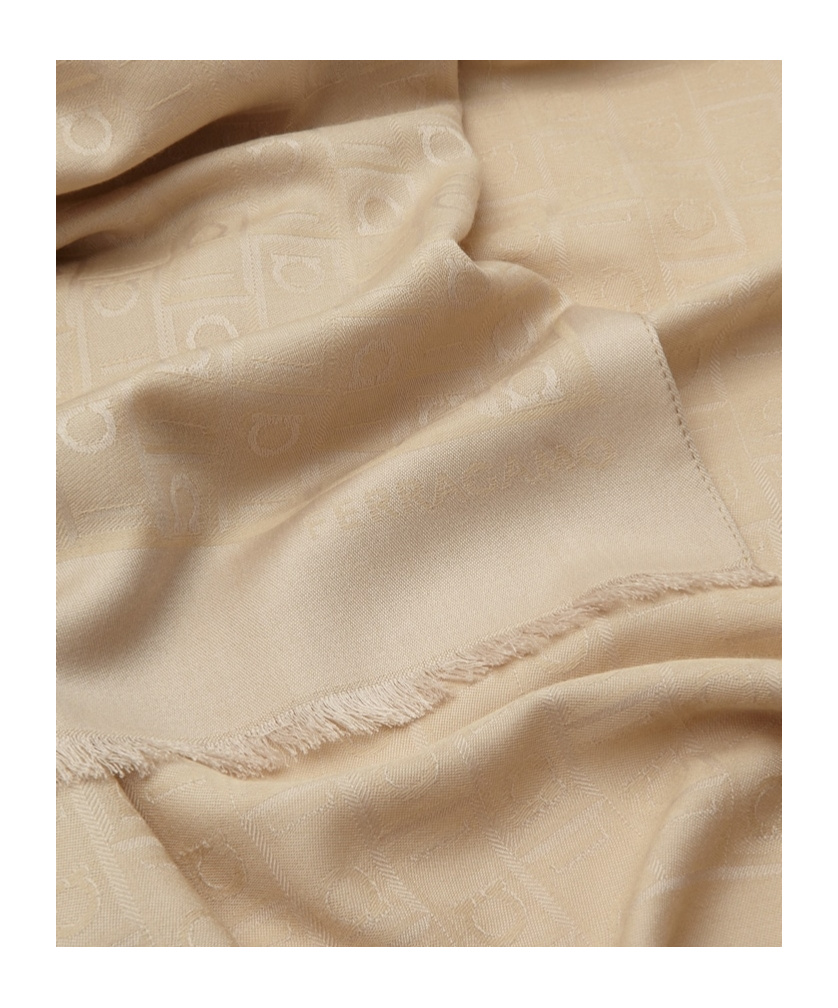 Ferragamo Salvatore  Monogram Jacquard Frayed Scarf In Nude