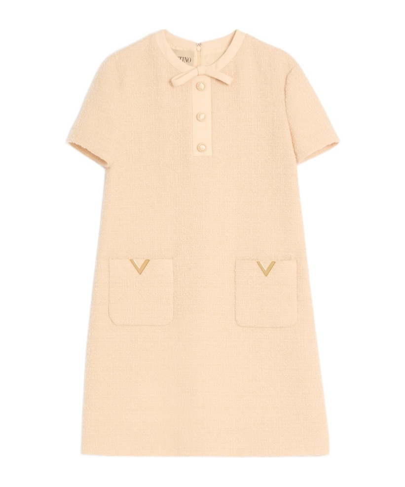 Valentino Wool Dress Short Sleeves Textured Fabric Bow In Orange