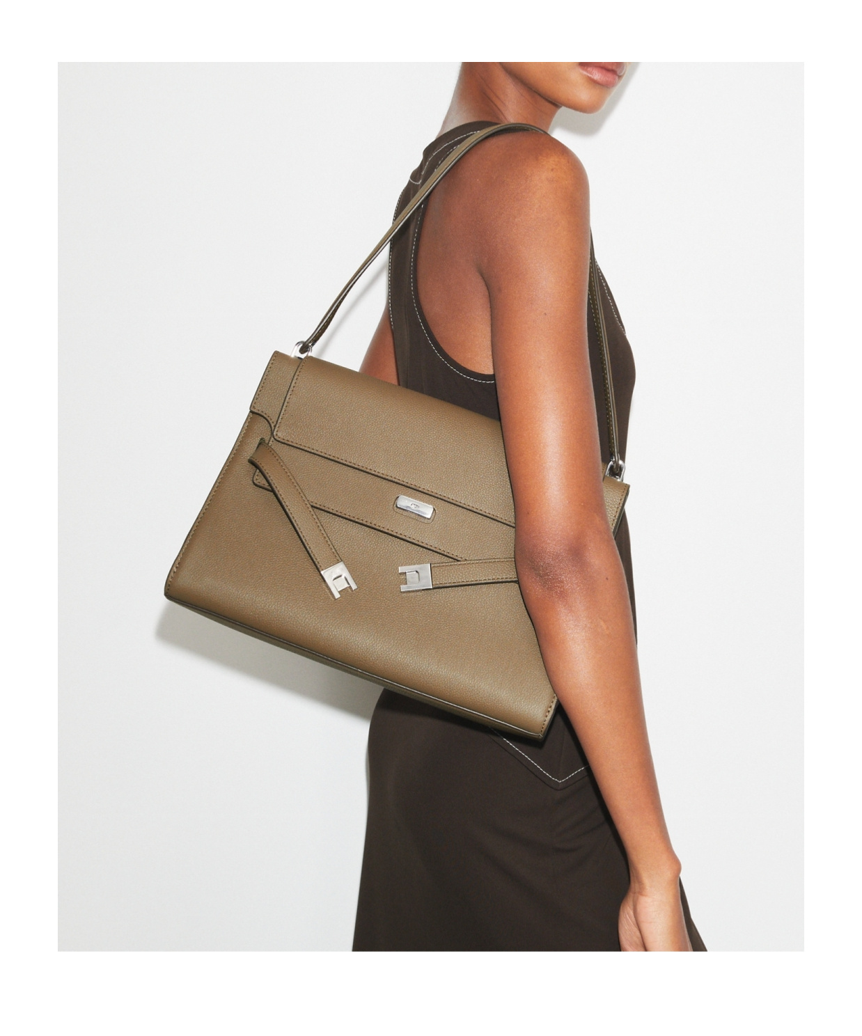 Tory Burch Lee Radziwill Pebble Leather Large Shoulder Bag In Gray