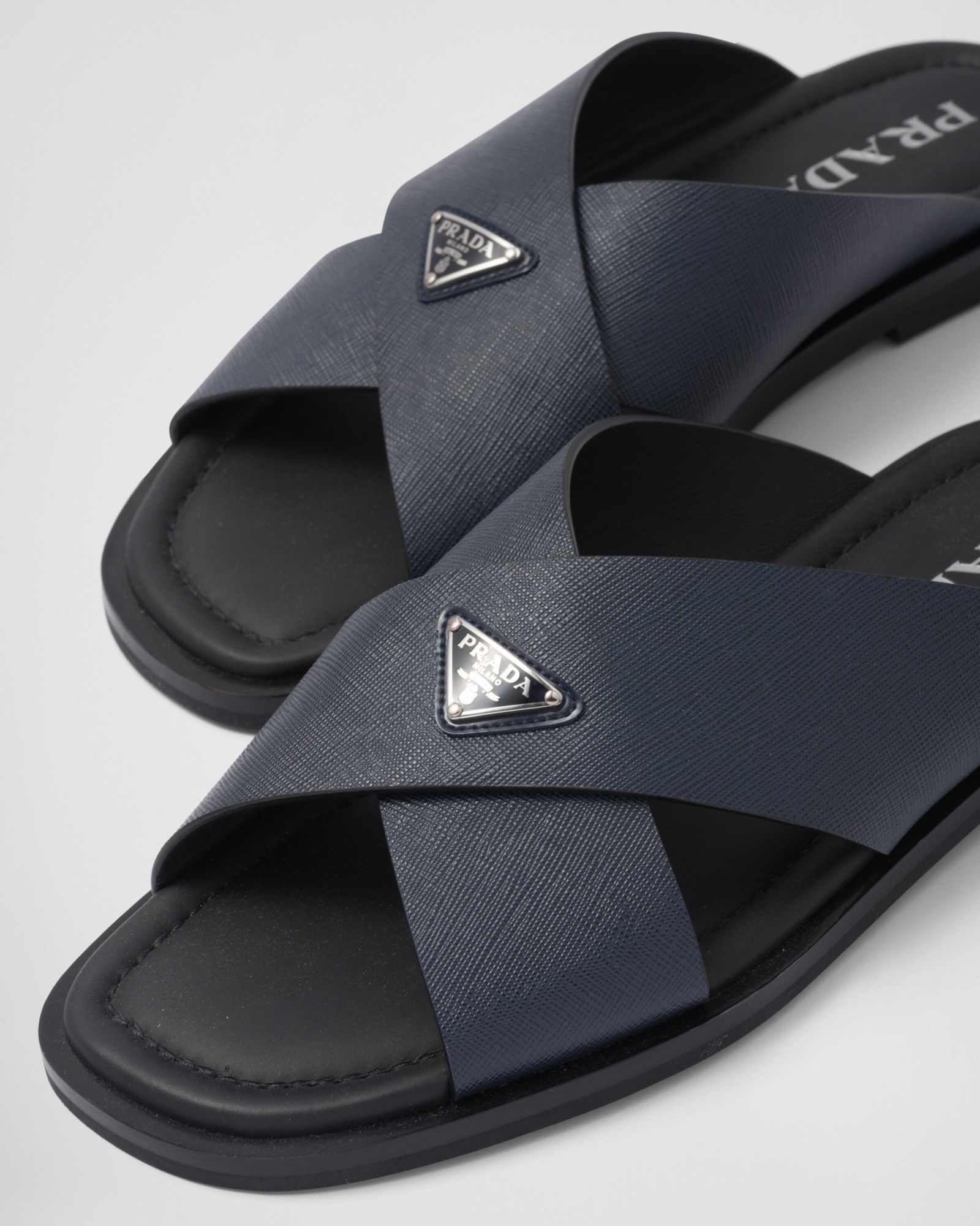 Prada Saffiano Leather Triangle-logo Sandals In Sea-blue