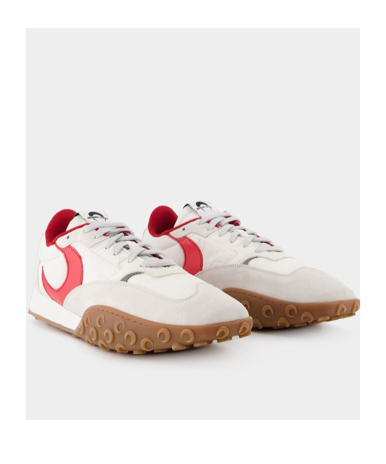 Marine Serre White Recycled Nylon And Leather Sneakers With Crescent Moon Motif In White