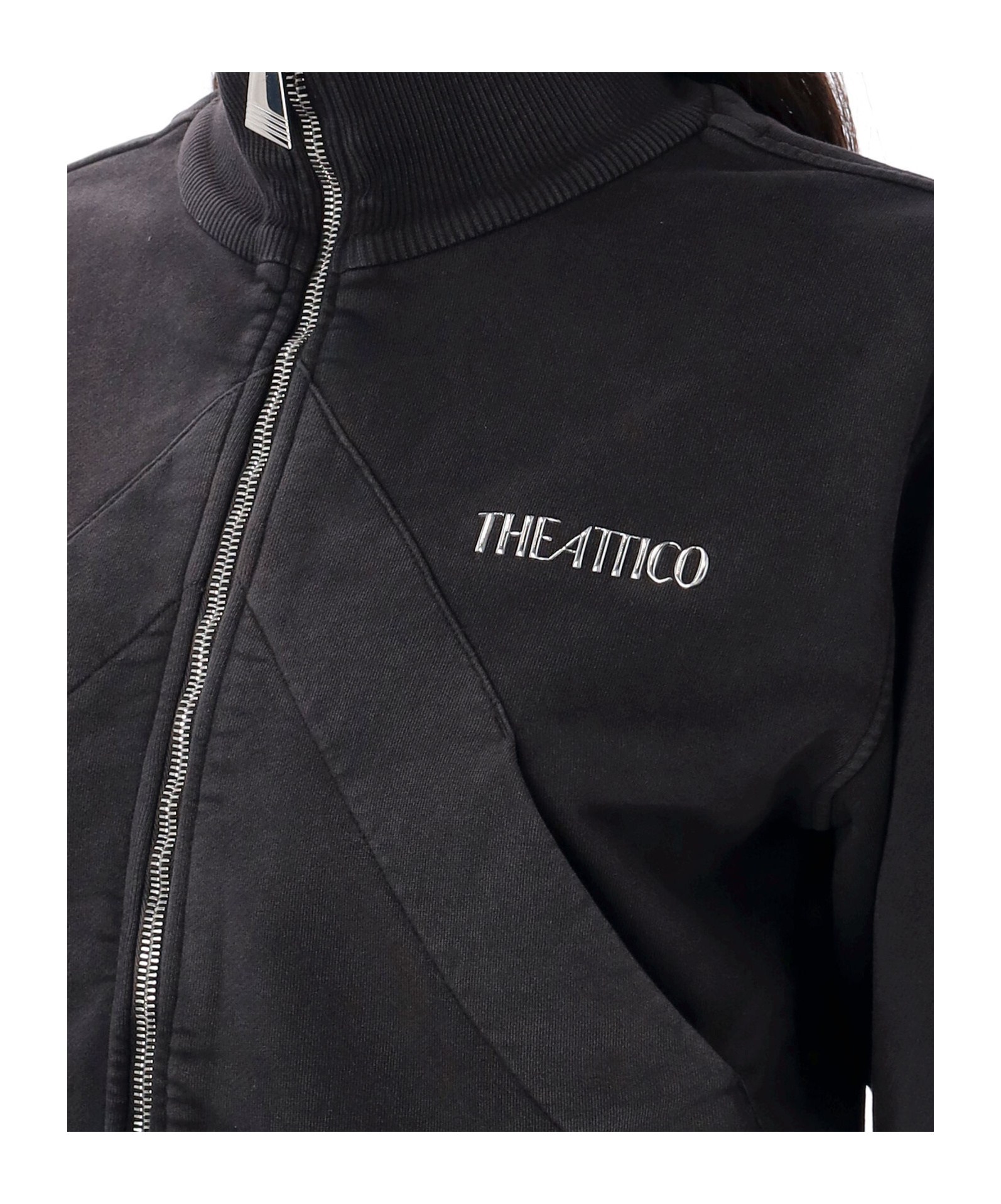 Attico Cropped Zip Fleece Ribbed Finish In Black