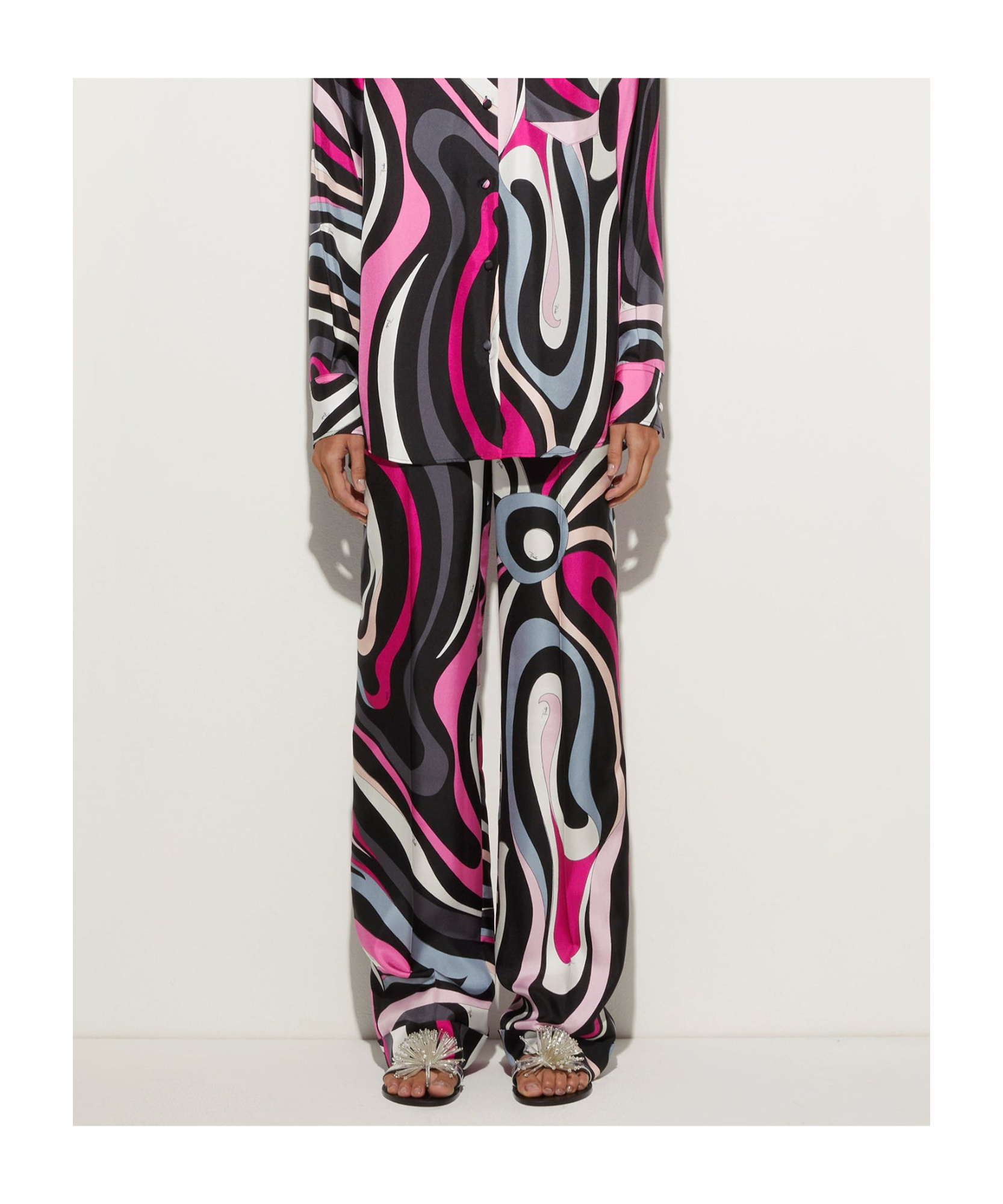 Pucci Marble Print Silk Pants In Black And Fuchsia