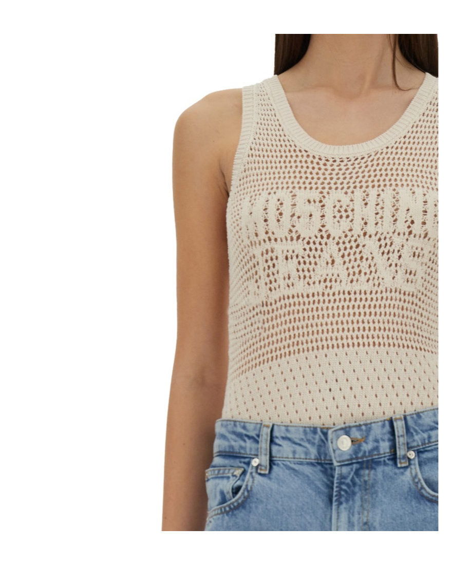 Moschino Jeans Mesh Top With Logo In Neutral