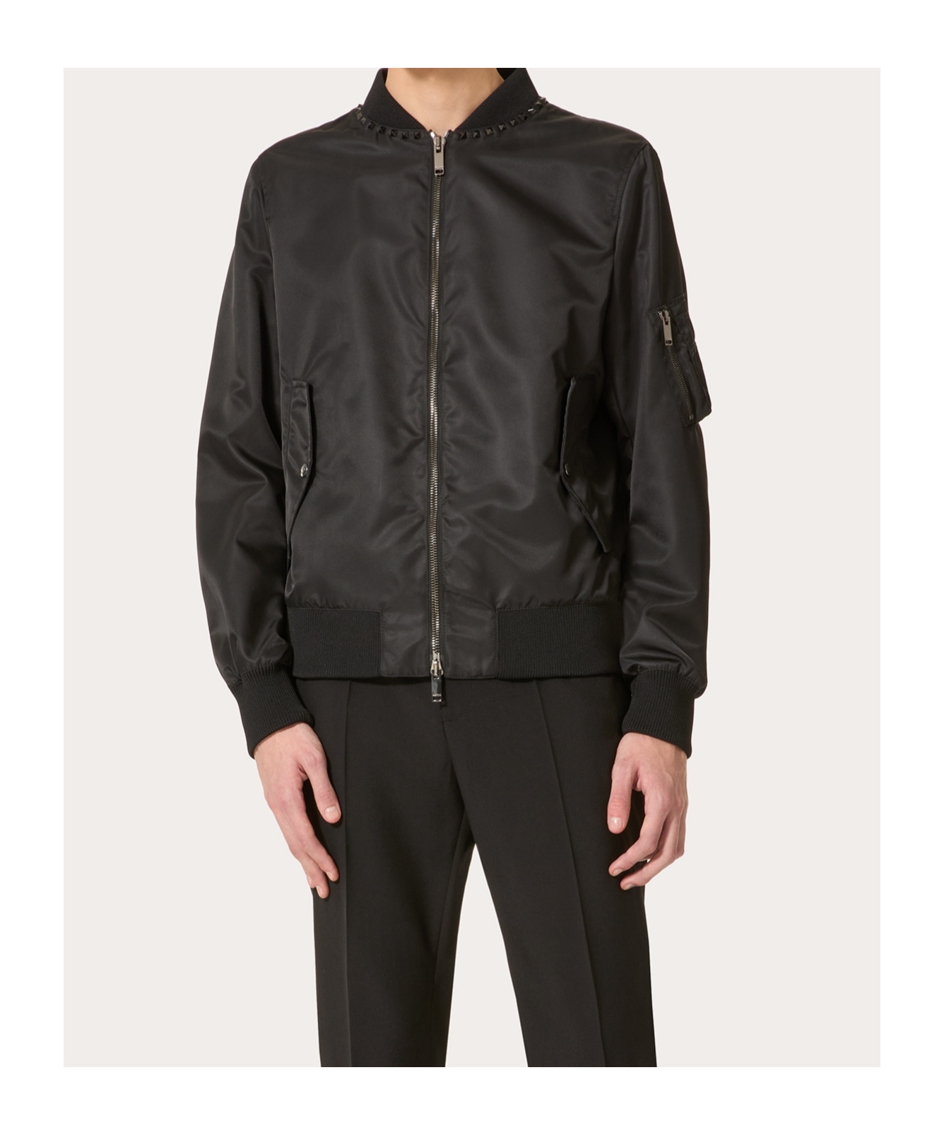 Valentino Nylon Bomber Jacket With Black Untitled Studs On The Neckline In Black