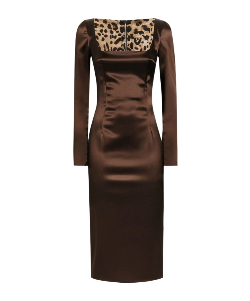 Dolce & Gabbana Long Sleeve Midi Dress With Animal Print Detail In Gold
