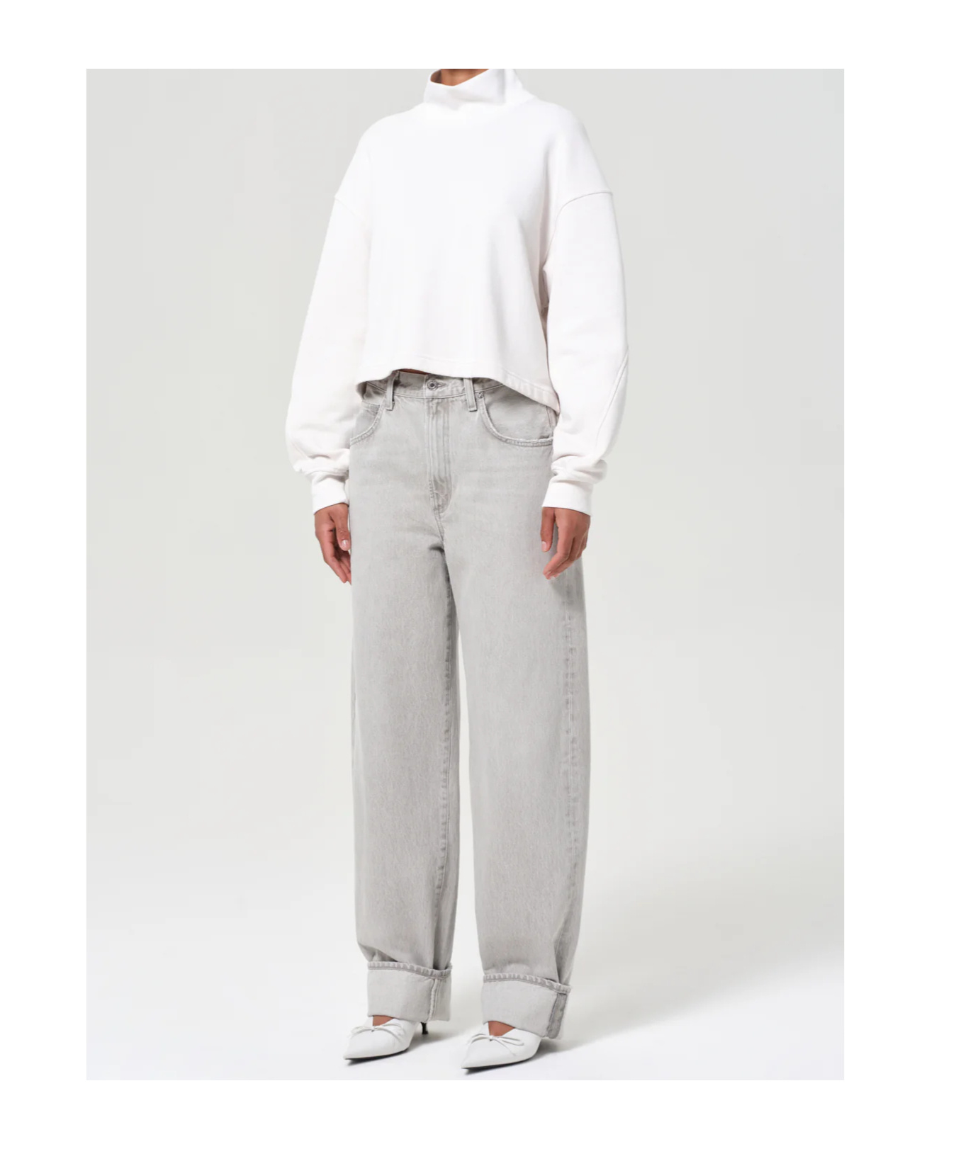 Agolde Isra Mock Neck Fleece Cotton Pullover In White