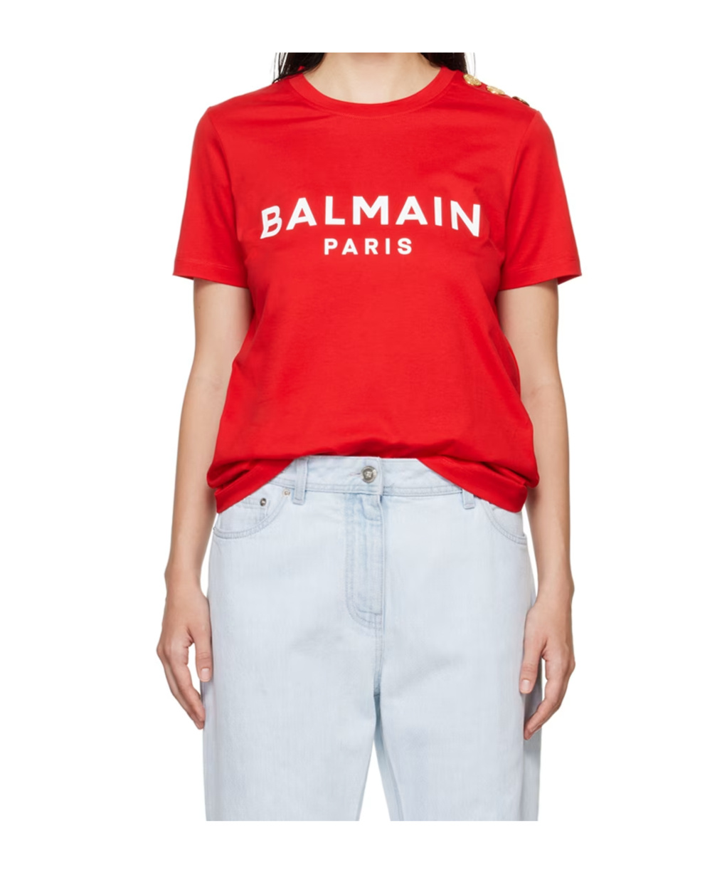 Balmain Logo Printed Buttoned Jersey T-shirt In Red