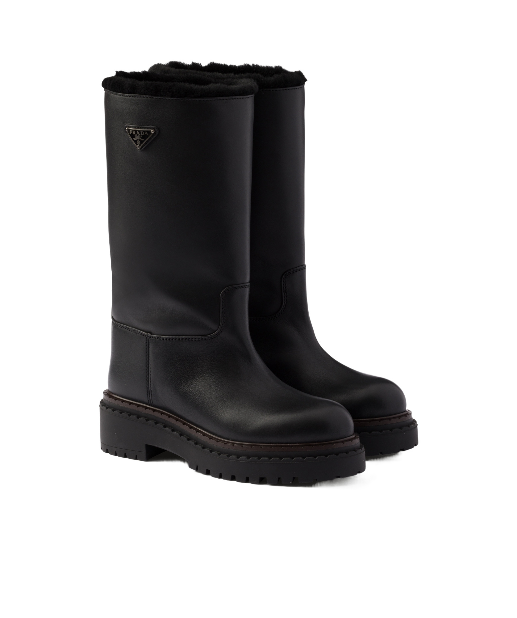 Shop Prada Leather And Shearling Boots In Black