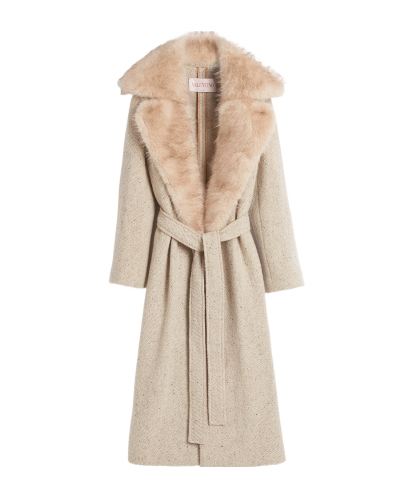 Valentino Belted Faux Fur Collar Wool Coat In Nude
