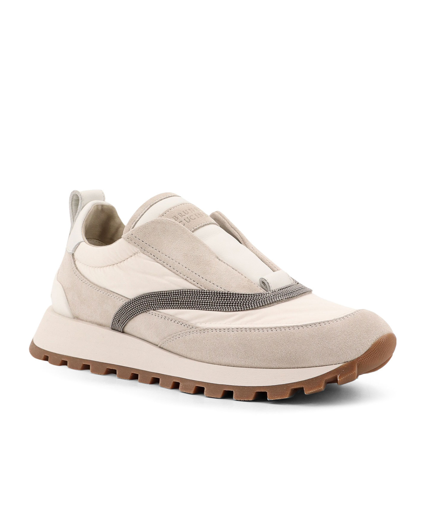 Brunello Cucinelli Low-top Suede And Nylon Sneakers With Monili Details In Nude