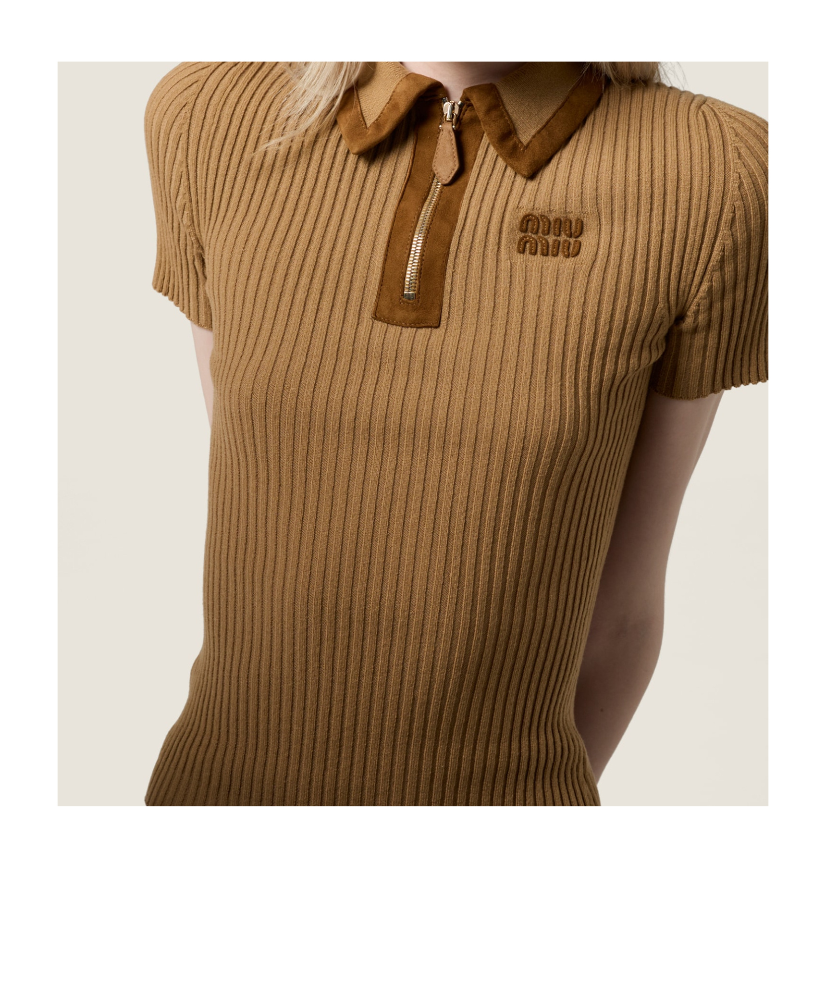 Miu Miu Cashmere Rib Short-sleeve Polo Top In Brown