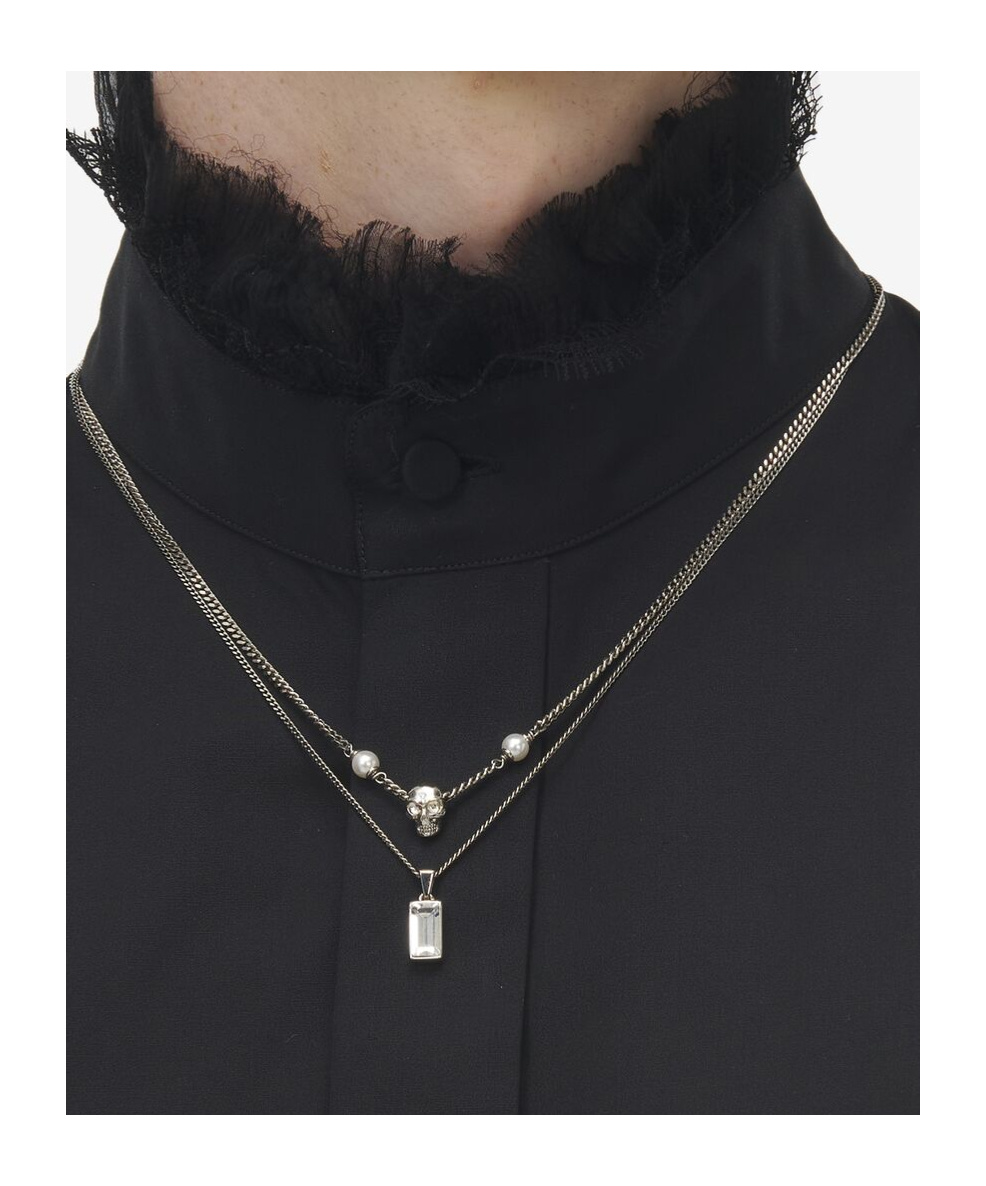 Alexander Mcqueen Men's Skull Pearl Layered Chain Necklace In Palladium In Silver
