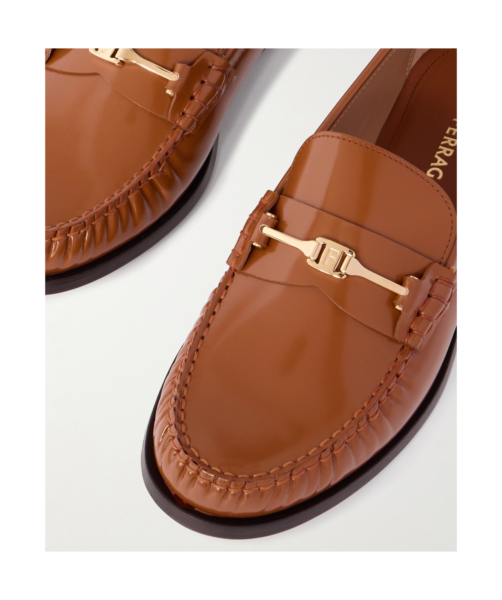 Ferragamo Chain Hardware Moccasin Round Toe Stitching In Brown