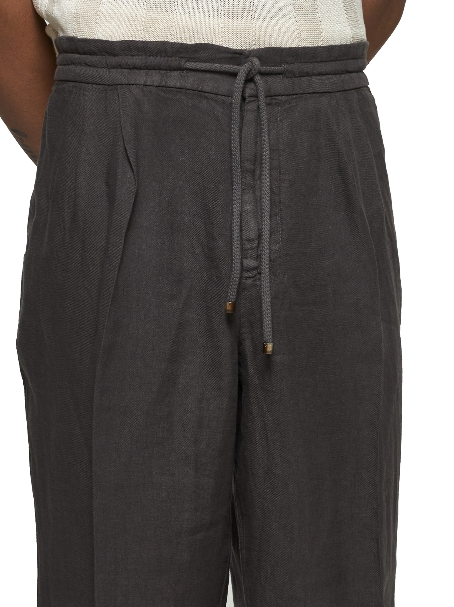 Brunello Cucinelli Brown Linen Leisure Fit Trousers In Black