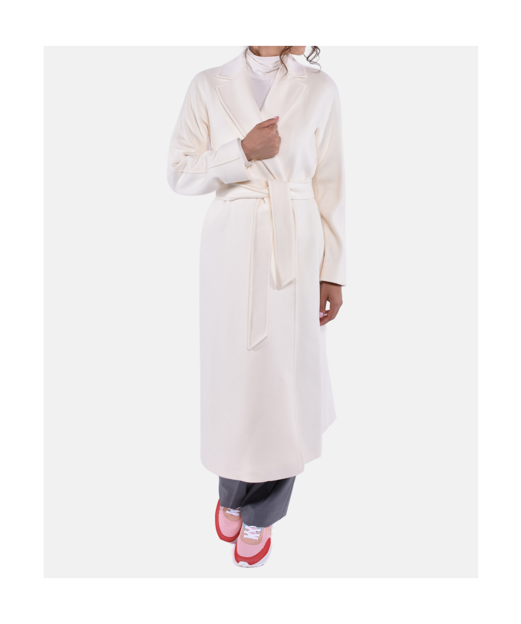 Max Mara Studio Belted Long-sleeved Coat In White