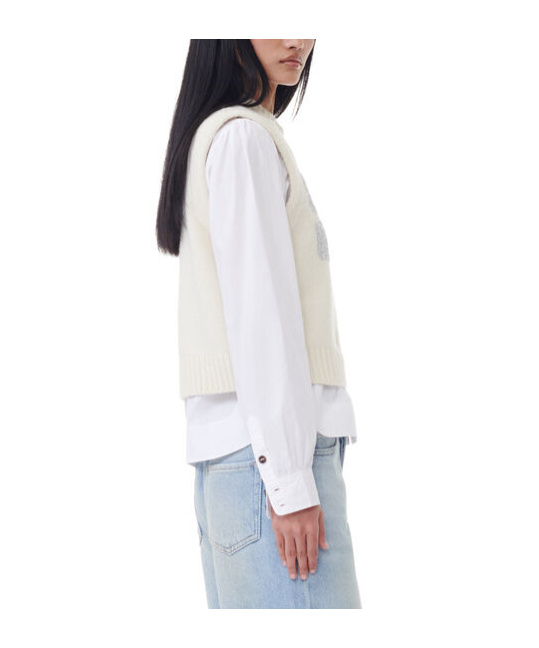 Ganni Beige Recycled Wool Blend Vest With Contrasting Front Logo In White