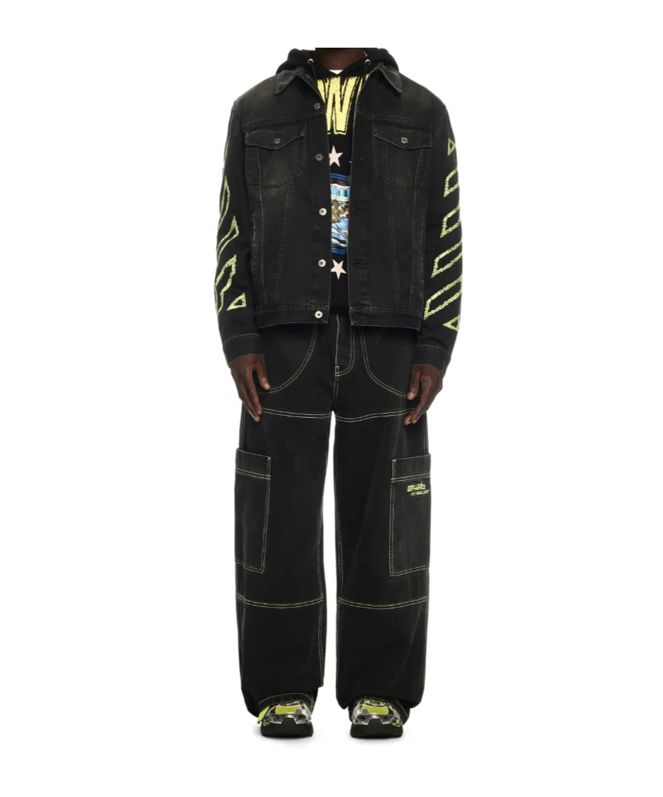 Off-white Diagonal Arrow Outline Embroidered Denim Skate Jacket In Black