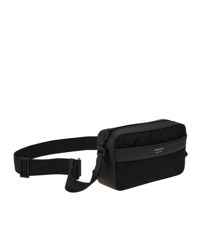 Ferragamo Gancini-jacquard Leather Messenger Bag In Black