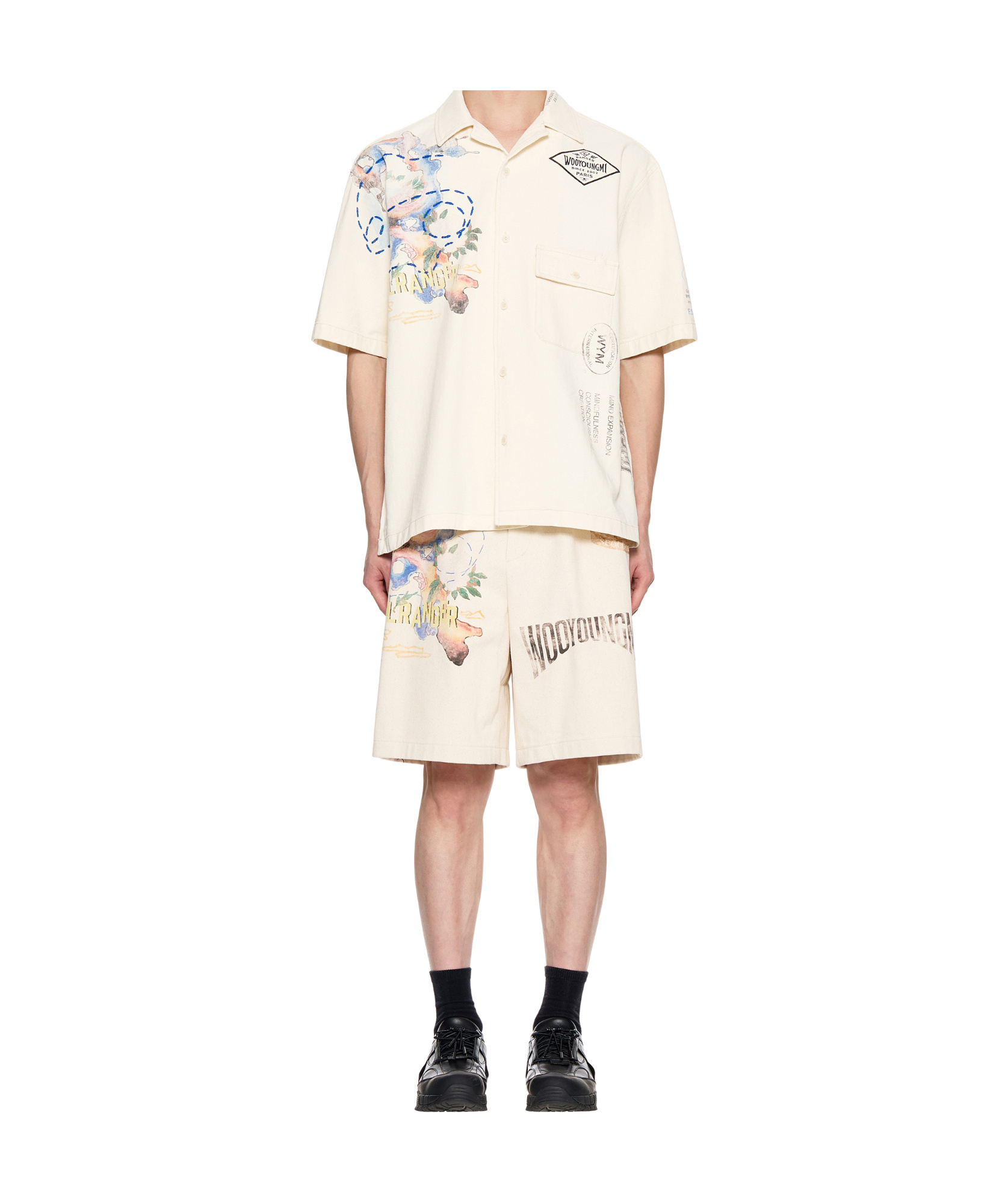 Wooyoungmi Beige Bowling Shirt With Cubab Collar And All-over Prints In Cotton Man In Beige