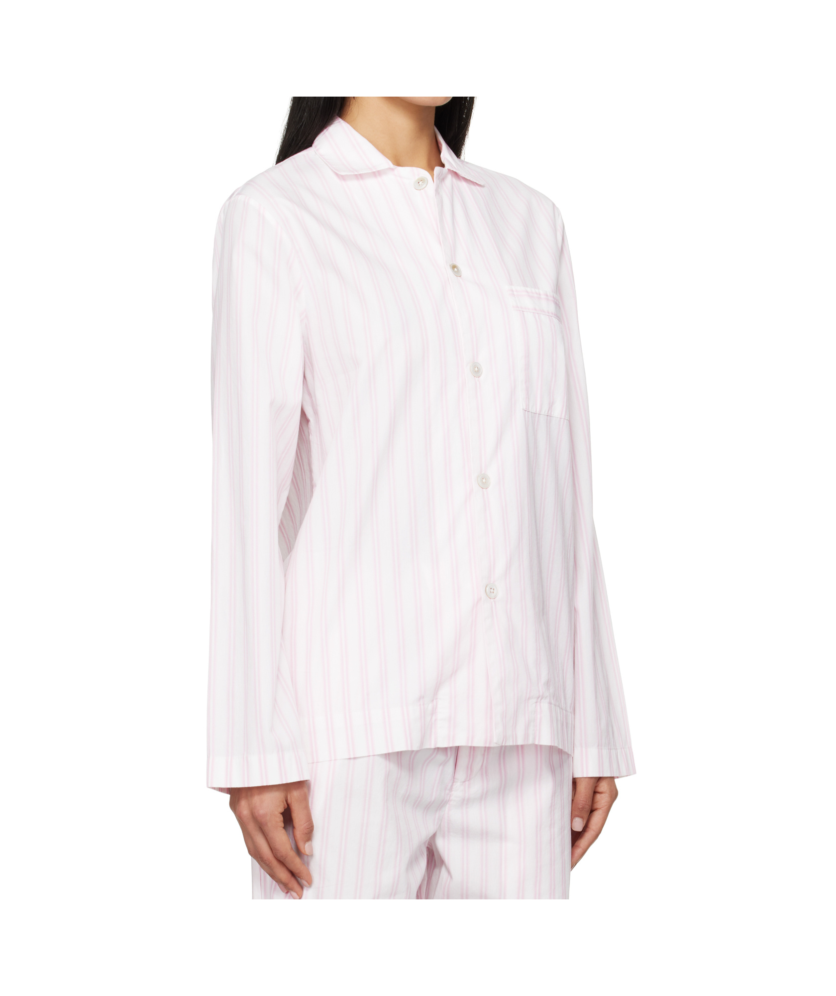 Tekla White & Pink Poplin Long-sleeved Pyjama Shirt In White/pink
