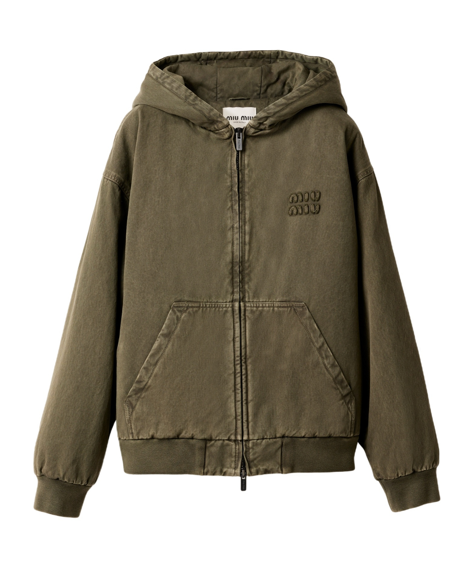Miu Miu Garment-dyed Blouson Jacket With Embroidered Logo In Green