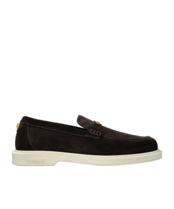Versace Suede Greco Monogram Loafers In Brown