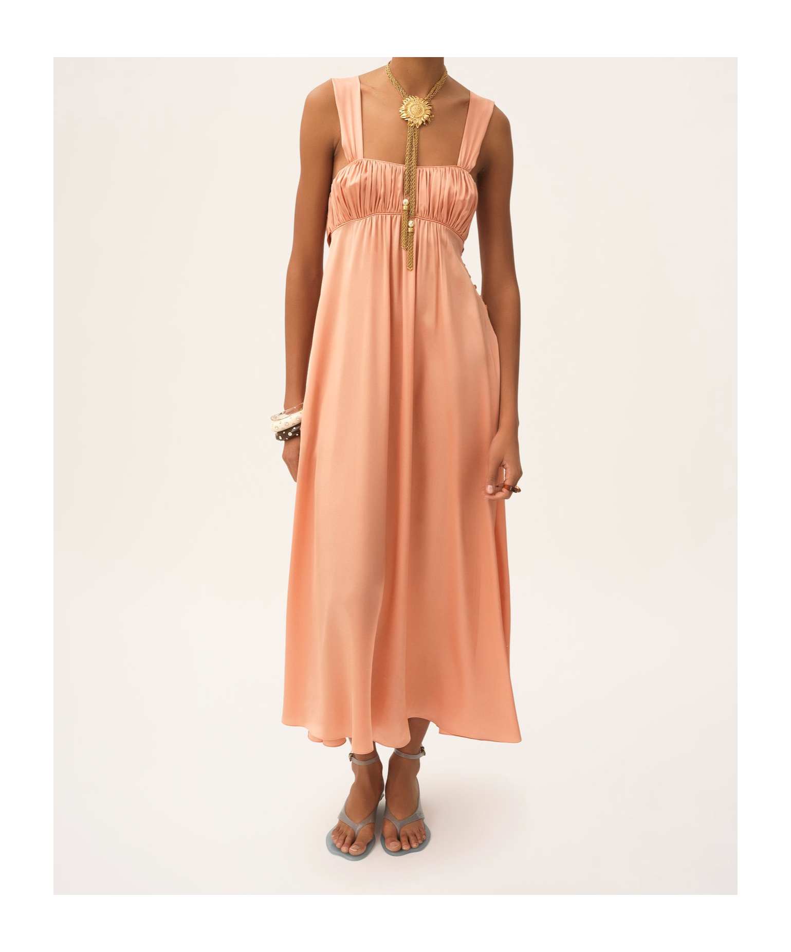 Chloé Sleeveless Shirred Silk Satin Midi Dress