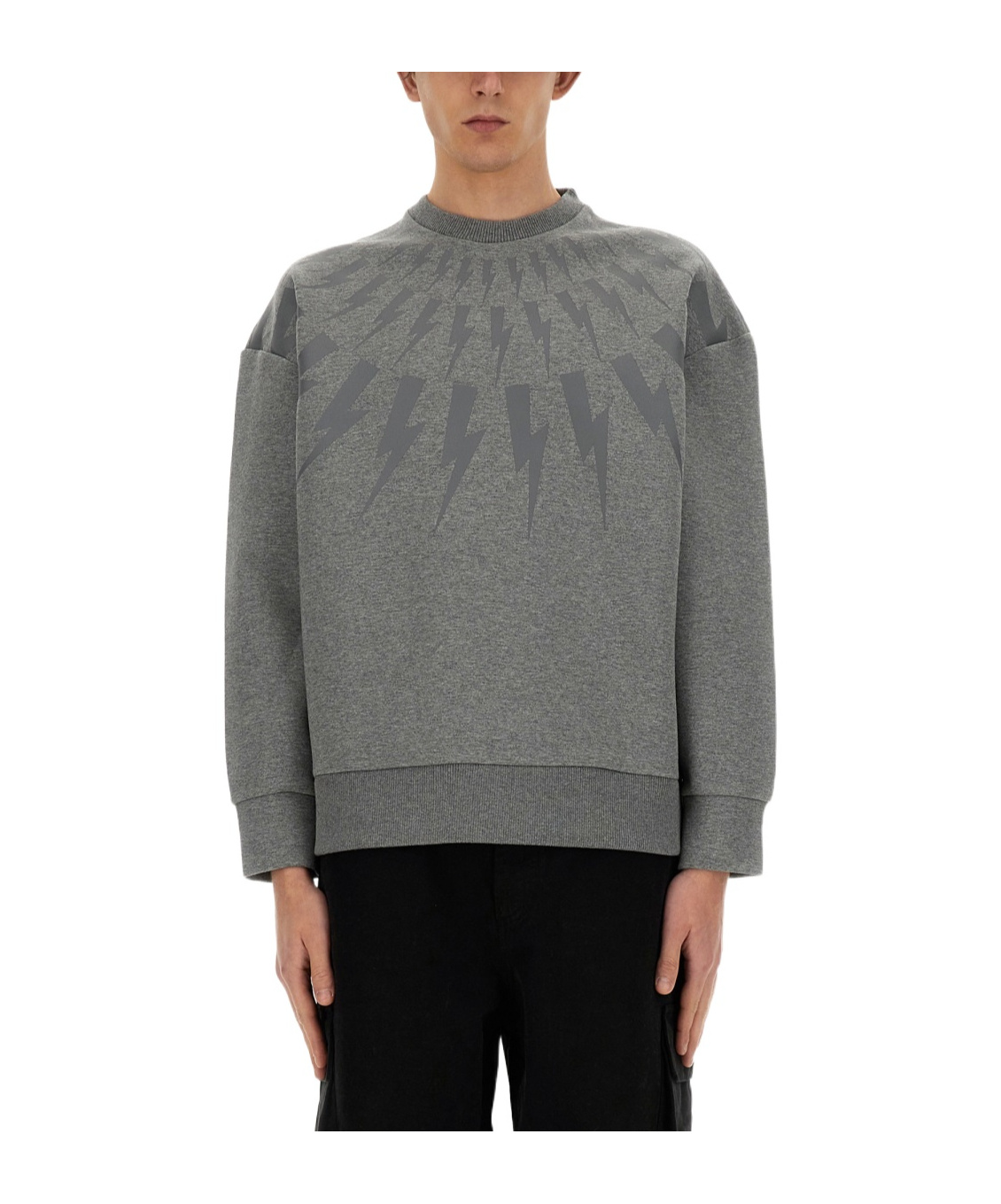 Shop Neil Barrett Thunderbolt Printed Crewneck Sweatshirt In Gray