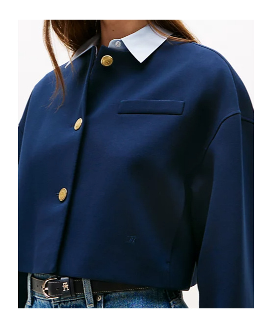 Tommy Hilfiger Gold-tone Button Collarless Cropped Blazer In Blue