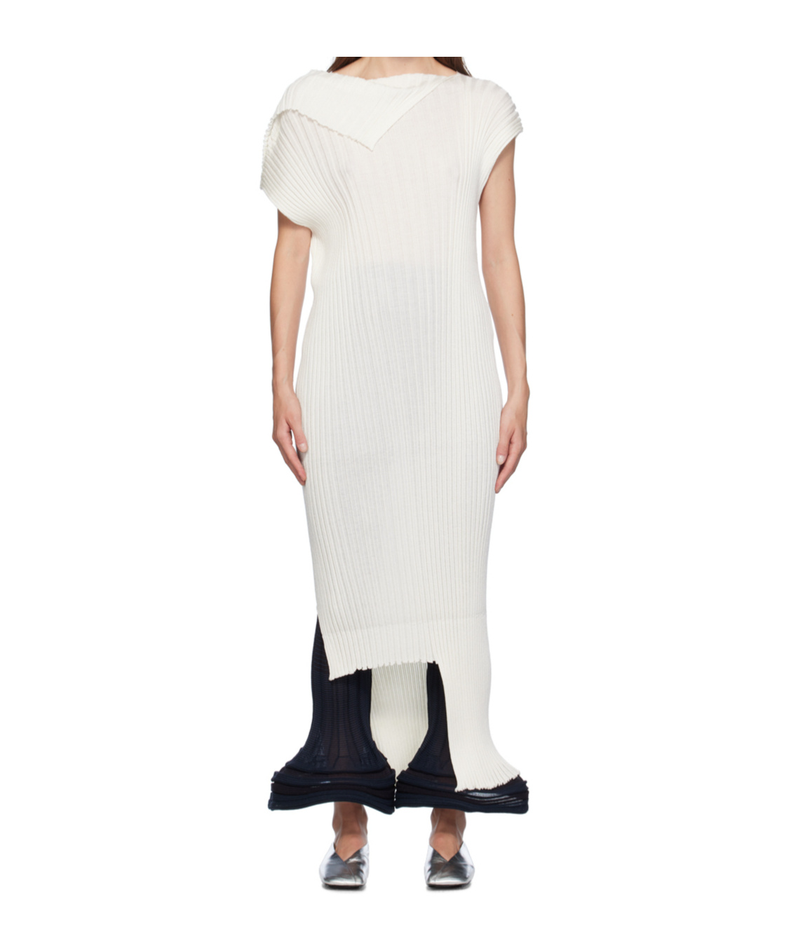 Issey Miyake White Sparkling Merino Rib Midi Dress In White